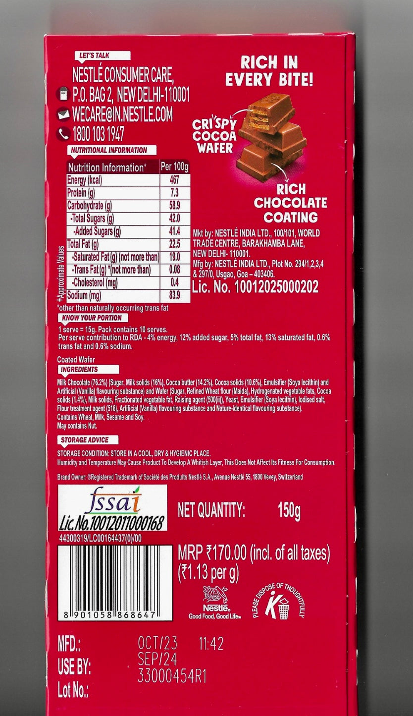 KitKat Rich Chocolate Coated Wafer Bar 150g (India)